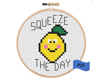 Squeeze the Day Lemon Cross Stitch Pattern | Beginner Punny Cross Stitch (PDF Pattern)