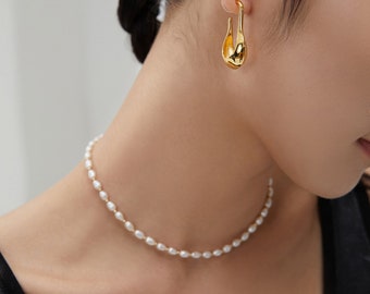 Elegant Natural Pearl Jewelry Set by SamD, Delicate Stackable Pearl Choker Necklace,Unique Statement Earrings,Dainty, Silver,18K Gold-Plated