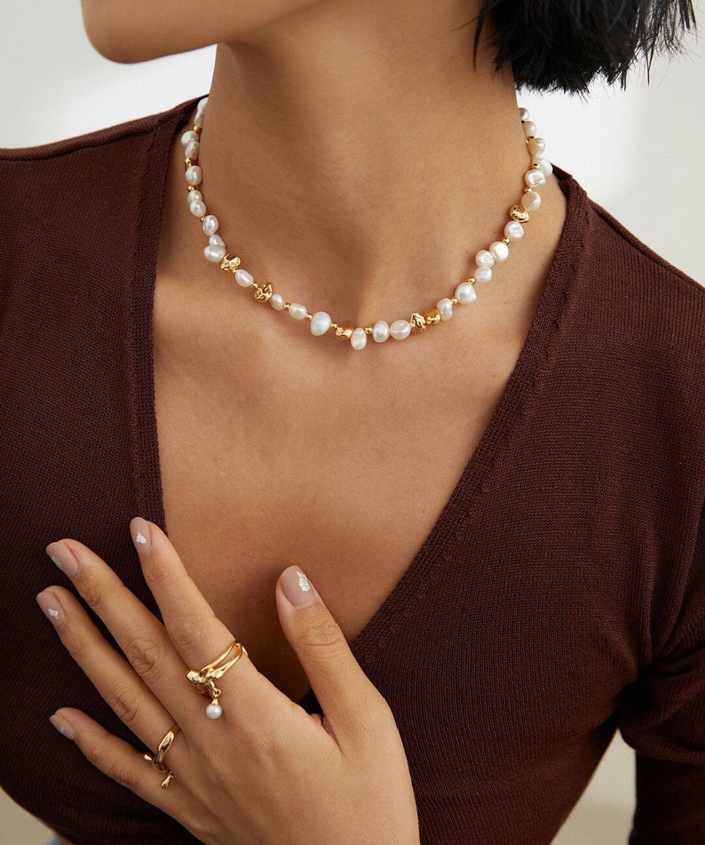 SamD's Opulent Pearl Set:Exquisite Bracelet,Necklace,Sterling Silver,18K Gold-Plated,Unique Designs/High-End Artistry with 18K Gold Accents image 8