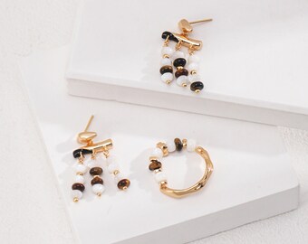 Elegant Tiger Eye Jewelry Set by SamD, Delicate Dainty Earrings and Ring, Unique Statement, 18K Gold,  High-End Artistic Style