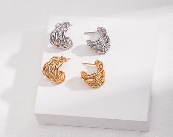 Delicate Linear Earrings by SamD, Elegant Unique Statement Jewelry, Pure Silver Thread Earrings, High-End Artistic Style, 18K Gold
