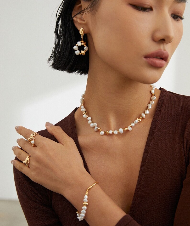 SamD's Opulent Pearl Set:Exquisite Bracelet,Necklace,Sterling Silver,18K Gold-Plated,Unique Designs/High-End Artistry with 18K Gold Accents image 7