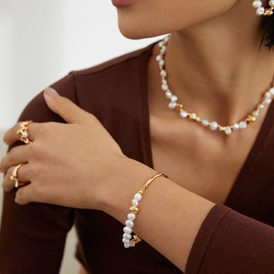 SamD's Opulent Pearl Set:Exquisite Bracelet,Necklace,Sterling Silver,18K Gold-Plated,Unique Designs/High-End Artistry with 18K Gold Accents image 2