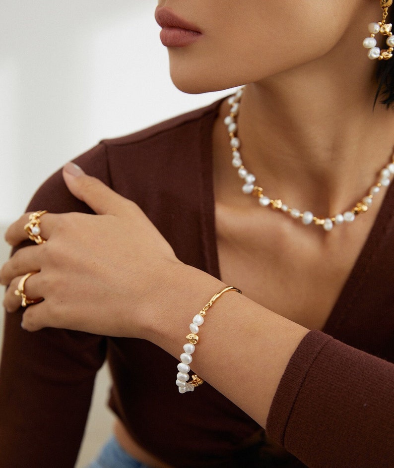 SamD's Opulent Pearl Set:Exquisite Bracelet,Necklace,Sterling Silver,18K Gold-Plated,Unique Designs/High-End Artistry with 18K Gold Accents image 2