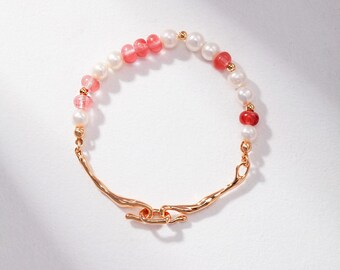 Elegant Pearl Pink Crystal Bracelet with Interlocking Half-Gold Bangle by SamD, Delicate Stackable Jewelry, Unique Statement Dainty, 18KGold