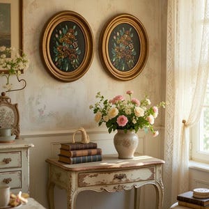 May include: Two oval framed floral paintings hang on a floral wallpapered wall. A distressed white table holds a vase of flowers, books, and a decorative handle. A small side table and a window with lace curtains are also visible.