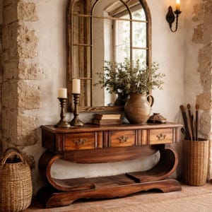 Op de afbeelding: Een rustieke entree met een houten console met lades, een grote boogspiegel en een rieten mand. De tafel bevat kaarsen, boeken en een vaas met groen. Een jute vloerkleed en een stenen muur maken het warme, uitnodigende decor compleet.