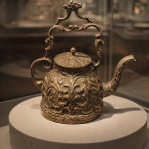 Pode incluir: Uma chaleira antiga de bronze com detalhes ornamentados de flores e volutas. A chaleira apresenta uma alça e um bico decorativos e assenta sobre um pedestal redondo de cor neutra. O design geral sugere uma estética vintage ou histórica.