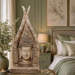 Puede incluir: Una detallada escultura de cabeza de Buda en blanco roto con un marco arqueado y ornamentado. La escultura presenta intrincadas tallas y una expresión serena. El fondo incluye una mesa de madera, un jarrón con vegetación y un dormitorio con tonos verdes suaves.
