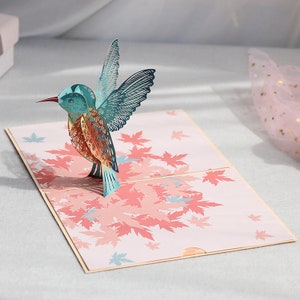 Biglietto pop-up 3D, biglietto con uccello foglia d'acero, biglietto di auguri