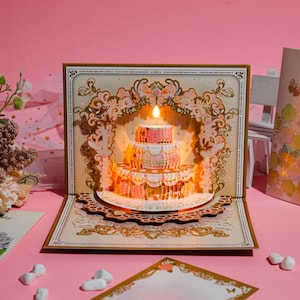 Carte pop-up lumineuse et musicale, carte de voeux d'anniversaire, carte d'anniversaire 3D, carte vintage faite main