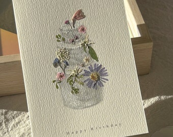 Pressed Flower Birthday Card / Floral Birthday Card / Birthday Cake / Painting card