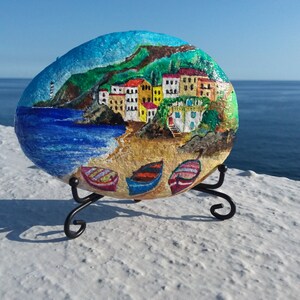 Acrylic painting on stone &quot;Landscape of houses on the sea&quot; -coastal art