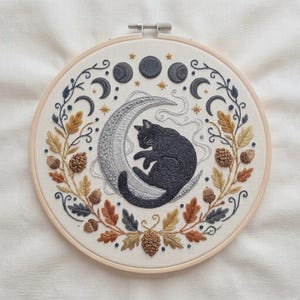 Black Cat Crescent Moon Embroidery Pattern, Autumn Woodland Cat PDF