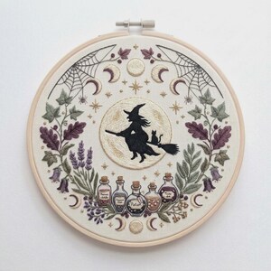 Witch Embroidery Pattern, Flying Witch and Black Cat PDF