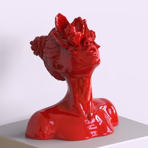 Red &quot;Faun&#39;s Daughter&quot; Bust Statue: Modern Art Sculpture by Favna.art