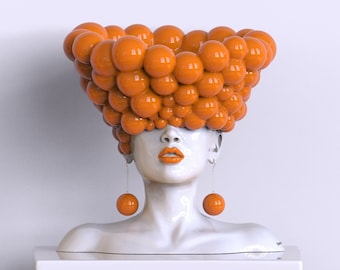 Sculpture of woman home decoration statue for interior in orange color "Thoughts".  Modern statue vase head bust, designer orangish decor