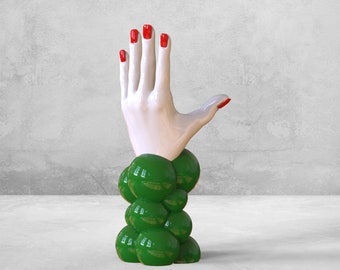 Hand "Thoughts" green with red nails|Sculpture of hand| Accent decoration|Statuette human hand with painted nails|Art with spheres| figurine