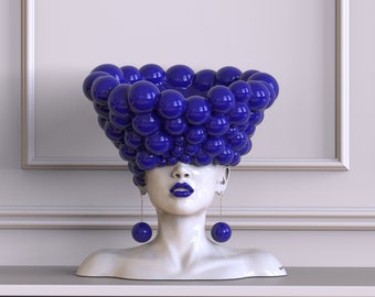 Сontemporary sculpture statue for interior in blue color "Thoughts".  Modern statue vase woman head bust, designer decor for home.