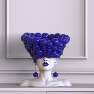 Сontemporary sculpture statue for interior in blue color Thoughts. Modern statue vase woman head bust, designer decor for home. image 1