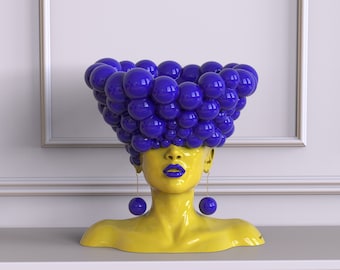 Blue yellow decor Sculpture of woman home decoration statue for interior "Thoughts".  Modern statue vase head bust, designer accent