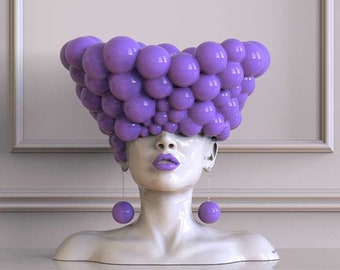 Sculpture woman home decoration statue for interior in lavander, purple, violet color "Thoughts".  Modern statue decor vase head bust