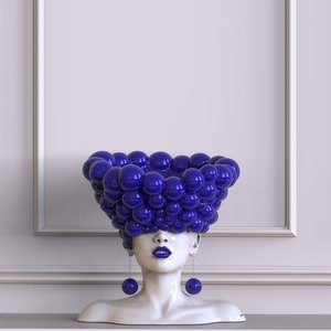Сontemporary sculpture statue for interior in blue color Thoughts. Modern statue vase woman head bust, designer decor for home. image 2