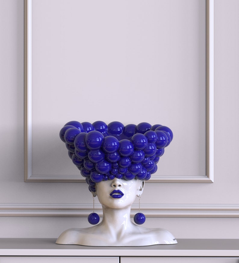 Сontemporary sculpture statue for interior in blue color Thoughts. Modern statue vase woman head bust, designer decor for home. image 2