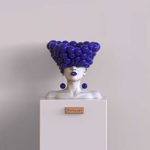 Сontemporary sculpture statue for interior in blue color Thoughts. Modern statue vase woman head bust, designer decor for home. image 4