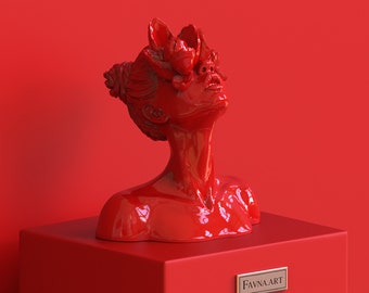 Unique Bust Statue Sculpture “Daughter of a Faun” red by Favna.art. Interior figurine, female statue decor. Woman head bust. Modern bust