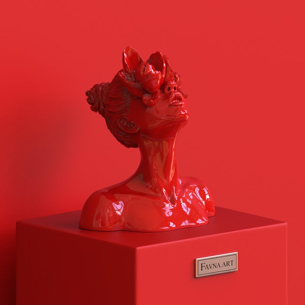 Unique Bust Statue Sculpture “Daughter of a Faun” red by Favna.art. Interior figurine, female statue decor. Woman head bust. Modern bust