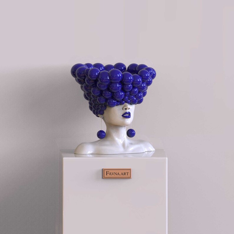 Сontemporary sculpture statue for interior in blue color Thoughts. Modern statue vase woman head bust, designer decor for home. image 7