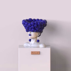 Сontemporary sculpture statue for interior in blue color Thoughts. Modern statue vase woman head bust, designer decor for home. image 5