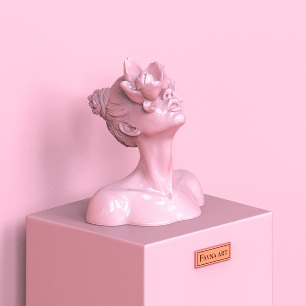 Unique Bust Statue Sculpture “Daughter of a Faun” pink by Favna.art. Interior figurine, female statue decor. Woman head bust. Modern bust