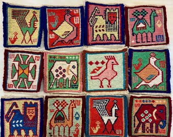 Posavasos Kilim persa de 4" x 4", posavasos de lana, posavasos de alfombra tejida a mano geométrica tribal, arte de pared tejido, motivos animales boho