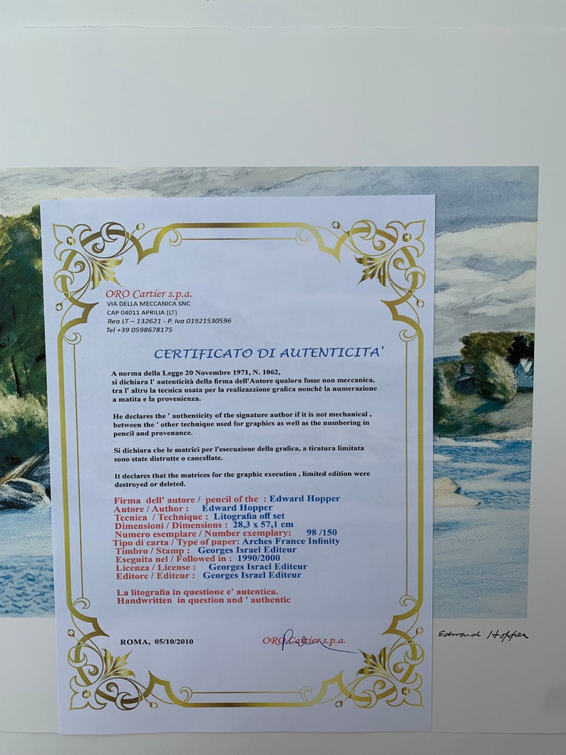 Edward Hopper windy Day,1938 Lithography Certificate, Signed, Top Wall