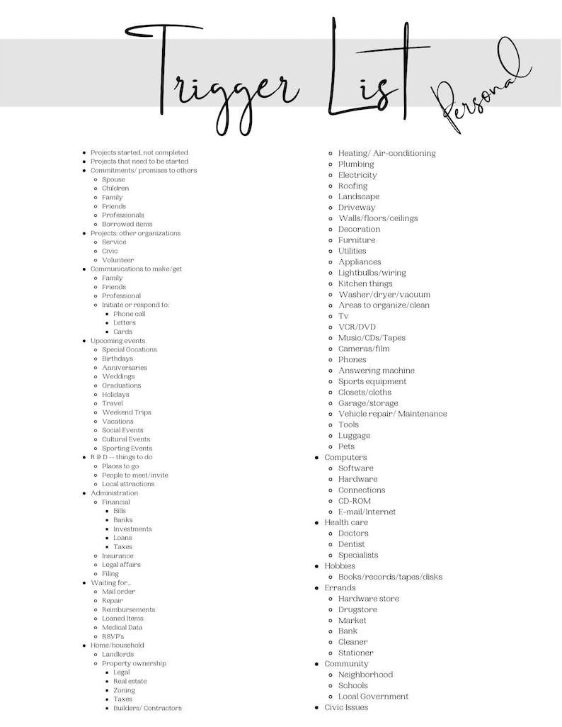 Printable, Trigger List, GTD, Happy Planner Etsy