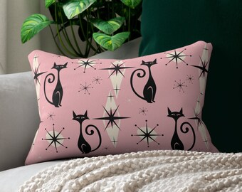 Atomic Cat Mid Century Modern Decorative Pillow Retro MCM Throw Pillow Pink Retro Atomic Cat Home Decor 1950s Aesthetic Housewarming Gift