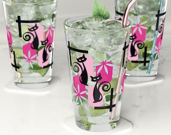 Atomic Cat Glassware Cat Drinking Glasses Black Cat Mid Century Modern Pint Glass MCM Cat Decor Retro Glass 16oz MCM Drinkware Retro Cat