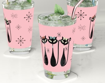 Atomic Cat Drinking Glasses Mid Century Modern Glassware MCM Black Cat Glass Retro Kitschy Decor 16oz Pint Glass Pink Cocktail Glass Cute