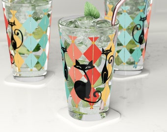 Atomic Cat Glassware MCM Cat Drinking Glasses Black Cat Mid Century Modern Pint Glass MCM Cat Decor Retro Glass 16oz MCM Drinkware Retro Cat