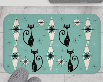 Mid Century Modern Bath Math Retro Atomic Cat Bathroom Decor Aesthetic Bath Mat Preppy Bathroom Rug Black Cat Runner MCM Cat Bath Mat Set