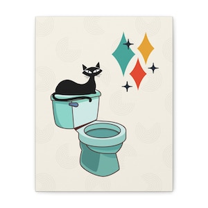 May include: A black cat sits on the top of a turquoise toilet with a red, yellow, and blue diamond pattern in the background.