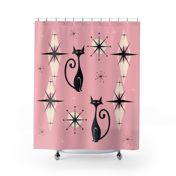 Mid Century Modern Shower Curtain Long Cat Shower Curtain Retro Aesthetic Bathroom Decor Cat Lover Gift Cute Pink Curtain Retro Cat Gift