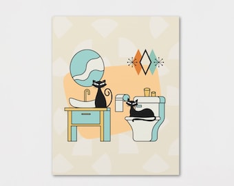 Mid Century Modern Bathroom Decor Atomic Cat Wall Art Canvas MCM Retro Bathroom Art 1950s Bathroom Decor Retro Wall Decor Cat Lover Gift