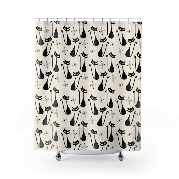 Atomic Cat Shower Curtain MCM Cat Shower Curtain Cute Retro Black Cat Bathroom Decor Mid Century Aesthetic Bath Tub Curtain Cat Lover Gift