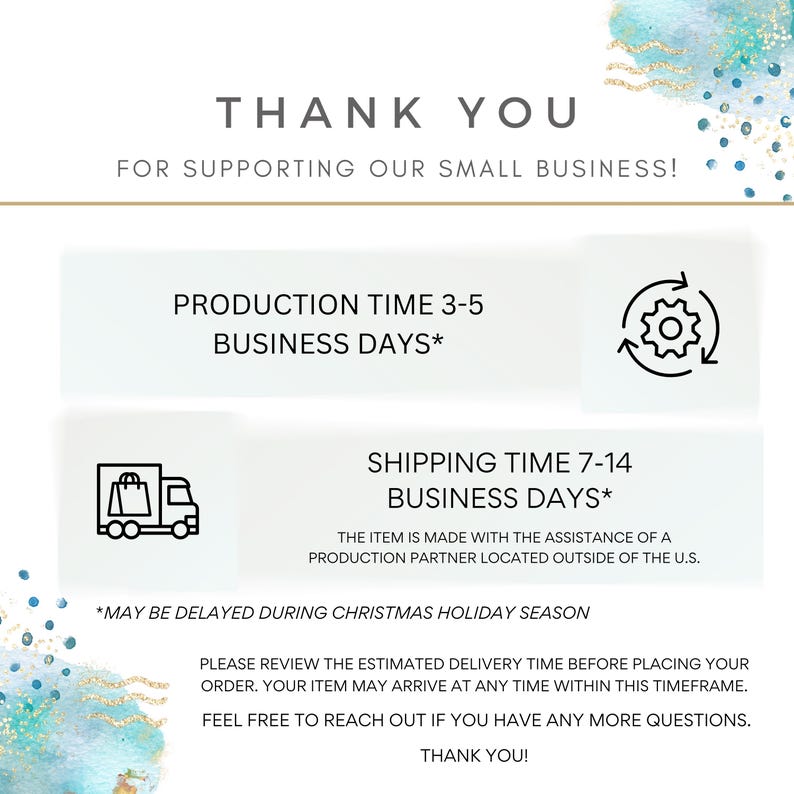 May include: Thank you for supporting our small business! Production time is 3-5 business days. Shipping time is 7-14 business days. The item is made with the assistance of a production partner located outside of the UK. May be delayed during the Christmas holiday season. Please review the estimated delivery time before placing your order. Your item may arrive at any time within this timeframe. Feel free to reach out if you have any more questions. Thank you!