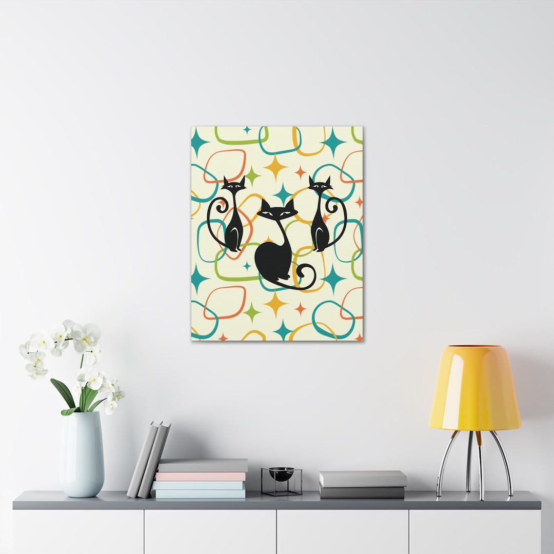 Atomic Cat Wall Art Mid Century Modern Canvas Art MCM Cat Home Decor
