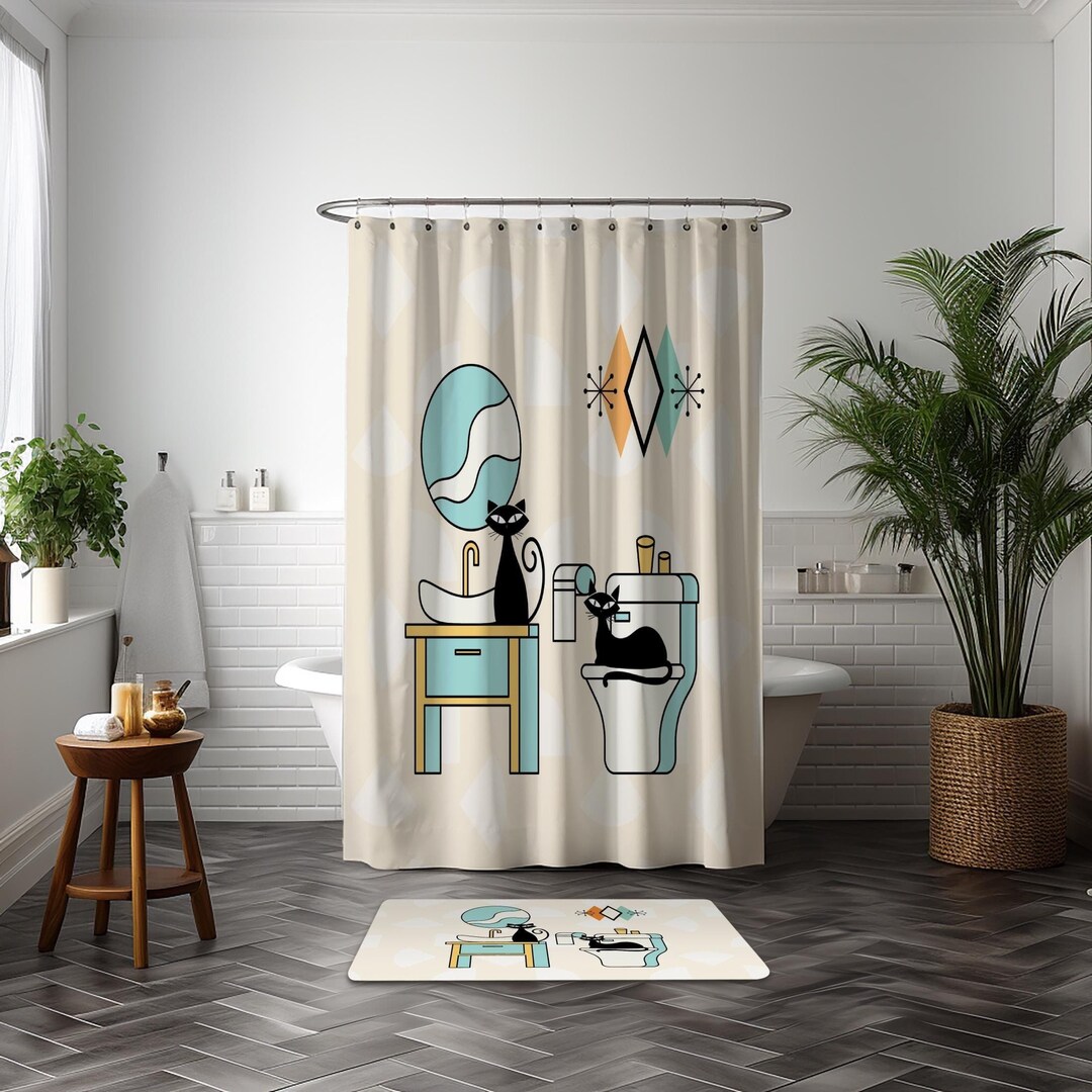 Atomic Cat Bathroom Mid Century Modern Shower Curtain MCM Retro Bath ...