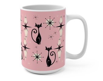 Atomic Cat Mug MCM Retro Coffee Mug Mid Century Modern Black Cat Drinking Glass Mid Century Mug Atomic Cat Kitchen Cat Lover Gift Pink Mug